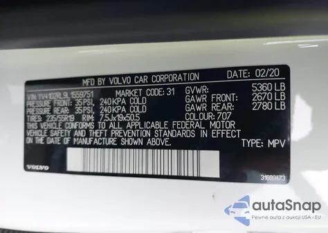 2020 Volvo Xc60 T5 Inscription z USA, uszkodzony, nr VIN YV4102RL9L1559751